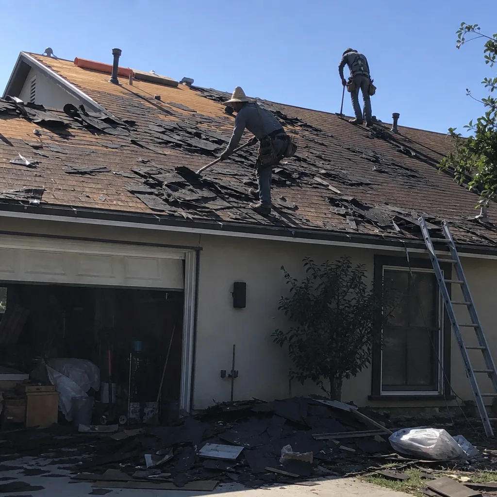 Two contractors performing professional residential roof removal and installation