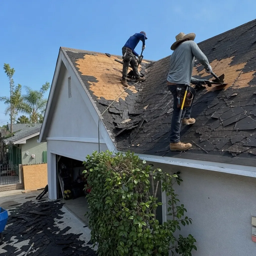 Two professional roofers removing old asphalt shingles from a residential home