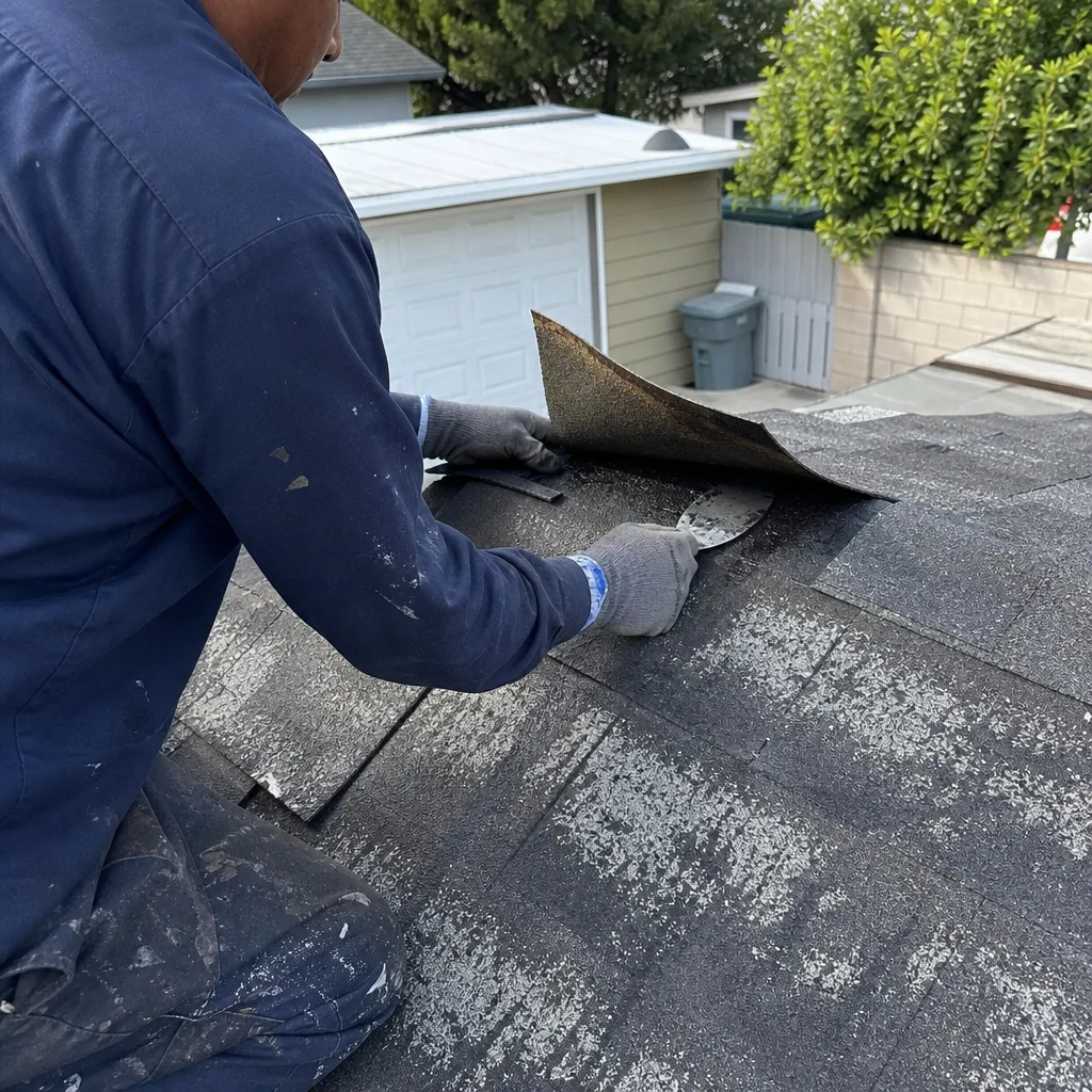 Professional roofer repairing damaged asphalt shingles on a residential house roof
